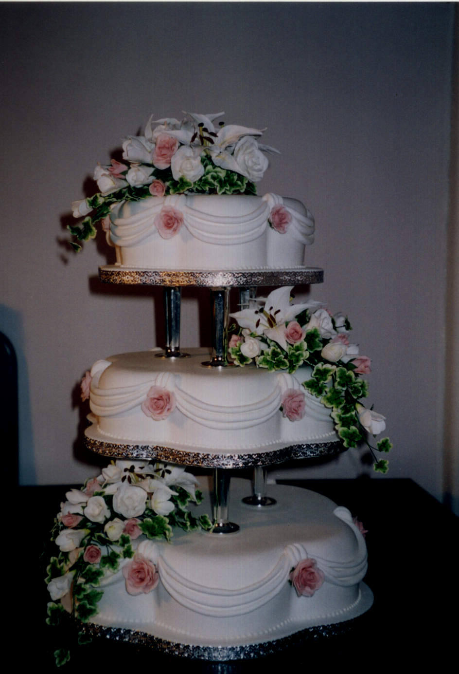 3 Tier Petal Wedding Cake With Sugar Lillies And Roses ...