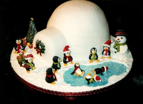 Skating Penguins With Igloo Christmas Cake