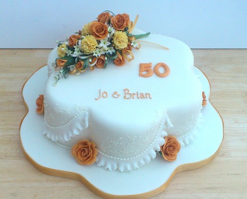 Golden Wedding Anniversary Cake With Sugar Flowers