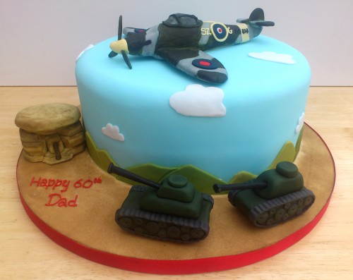 WW2 Spitfire Bunker Tanks themed novelty birthday cake