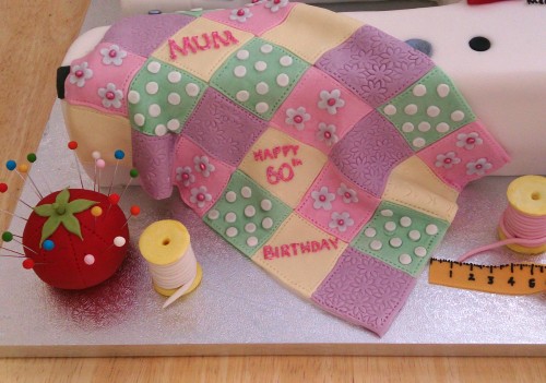 sewing machine novelty birthday cake with patchwork