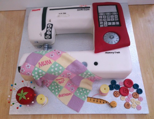 sewing machine novelty birthday cake with patchwork