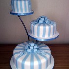 3 tier blue and white striped wedding cake