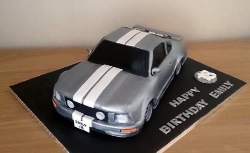 silver ford mustang car with stripes cake