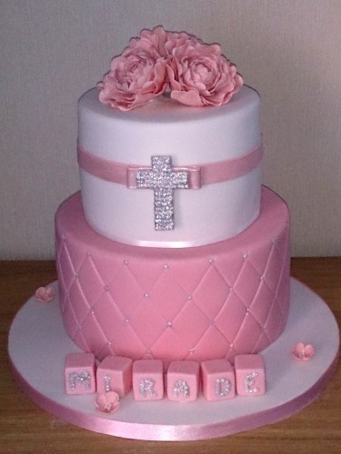 2 Tier Pink and White Christening Cake