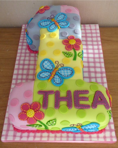 Patchwork Style 1st Birthday Cake Flowers and Butterflies