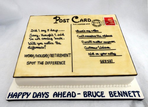 post card themed corporate retirement cake