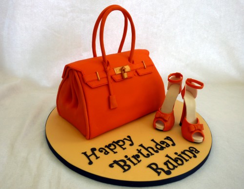 orange designer handbag and shoes birthday cake
