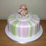simple striped birthday cake with bear carrying a bouquet of roses thumbnail