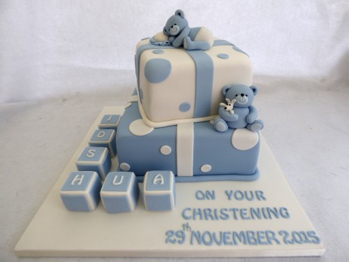 2 tier boys christening cake with bears