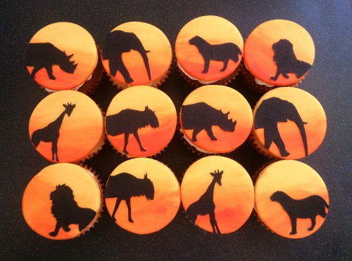 African jungle animals sunset silhouette cupcakes