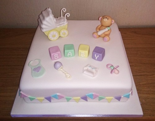 baby shower christening cake pram teddy blocks and bunting
