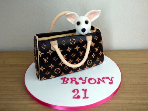 louis vuitton hand bag with white chihuaua novelty birthday cake