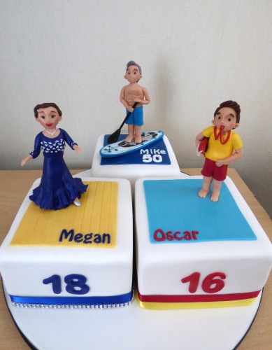 trio-of-celebration-cakes-latin-dancer-paddle-boarder-life-guard