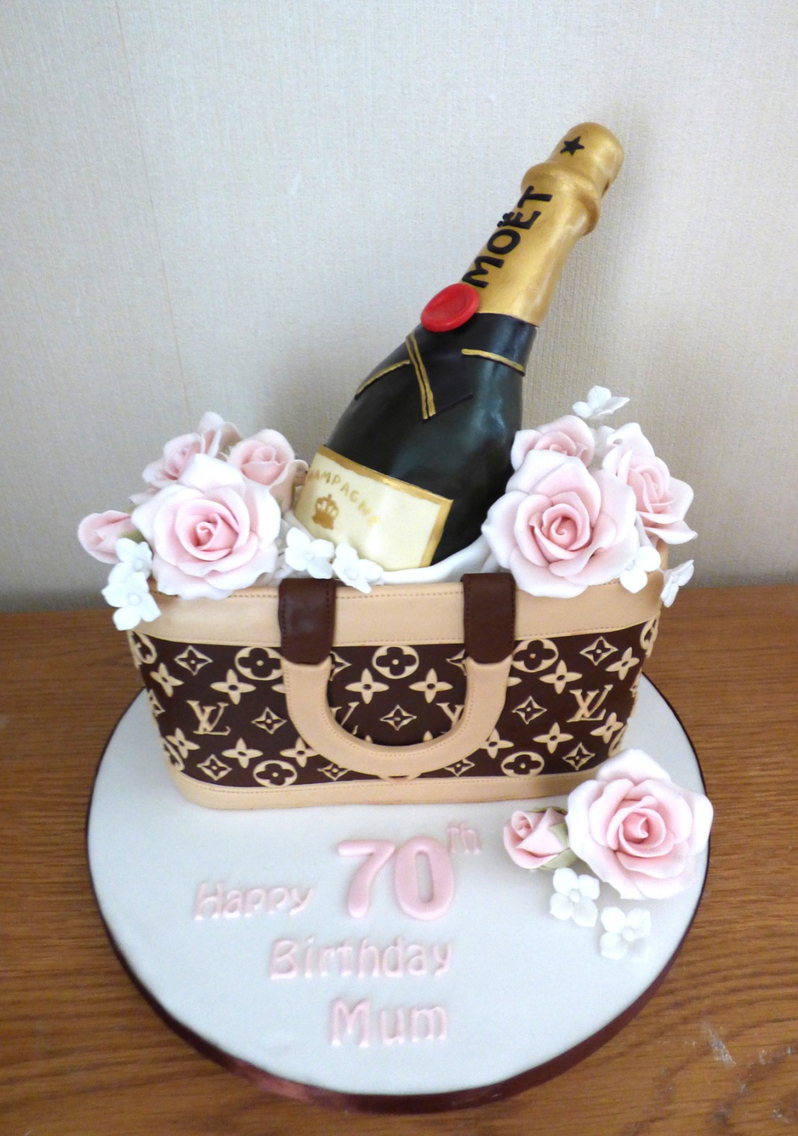 Louis Vuitton Bag with Bottle of Champagne and Roses Birthday Cake