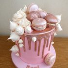 pink-and-rose-gold-chocolate-drip-cake-meringues-and-macarons