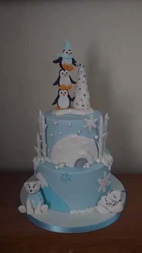 2 tier arctic fox penguins polar bear themed christmas cake