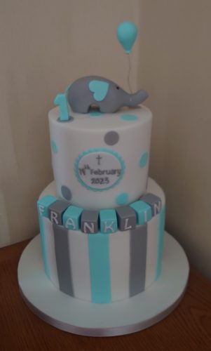 2 tier baptism boy christening cake blue and grey elephant topper cake